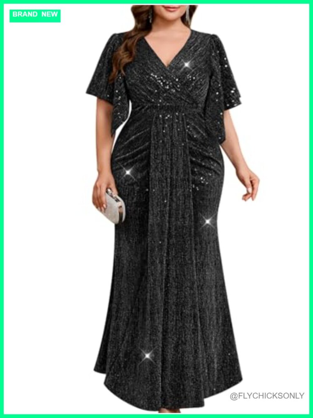 Plus Size Sequin Formal Gown Ruched Mermaid V Neck Handkerchief Sleeve